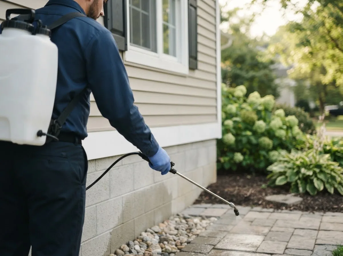 Pest control technician inspecting a home in Fort Blackmore, VA